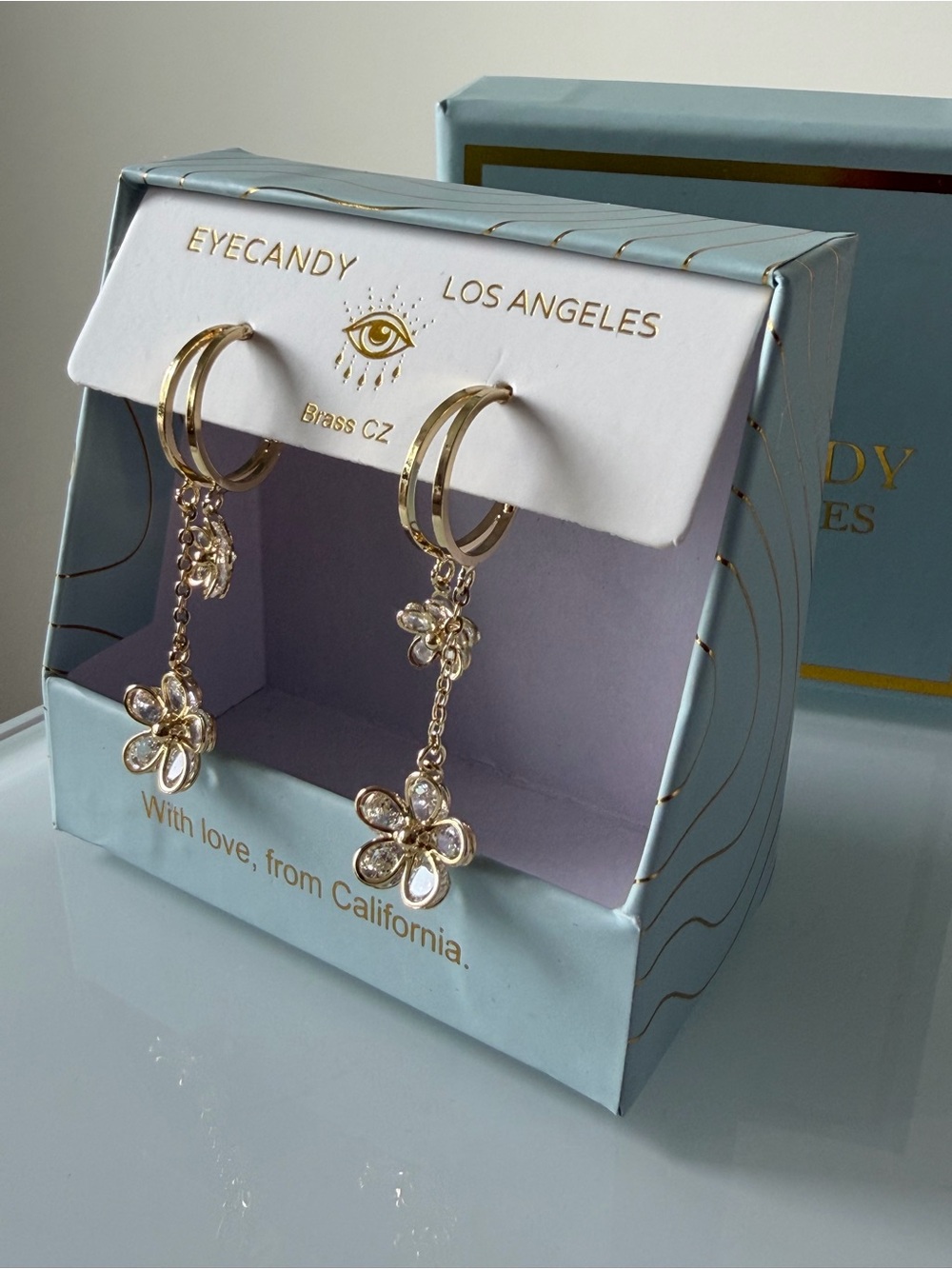 Gold cubic zirconia flower Drop Hoop Earrings